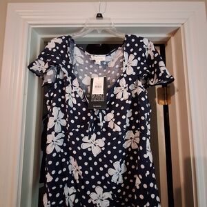 Loralette Blue and White Ruffled Cap Sleeve Blouse